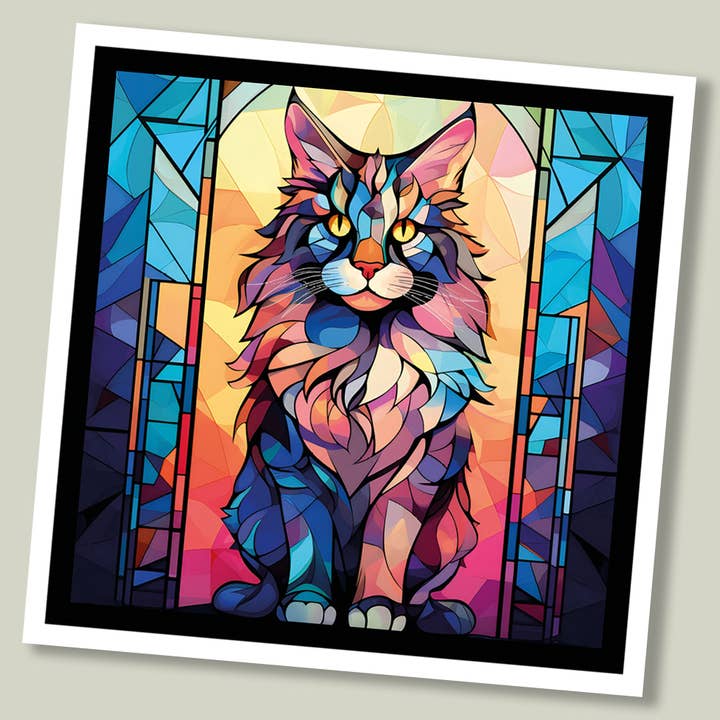 Carte de vœux pour chat « Stained Glass » - Maine Coon pour la vente par Footle Publishing