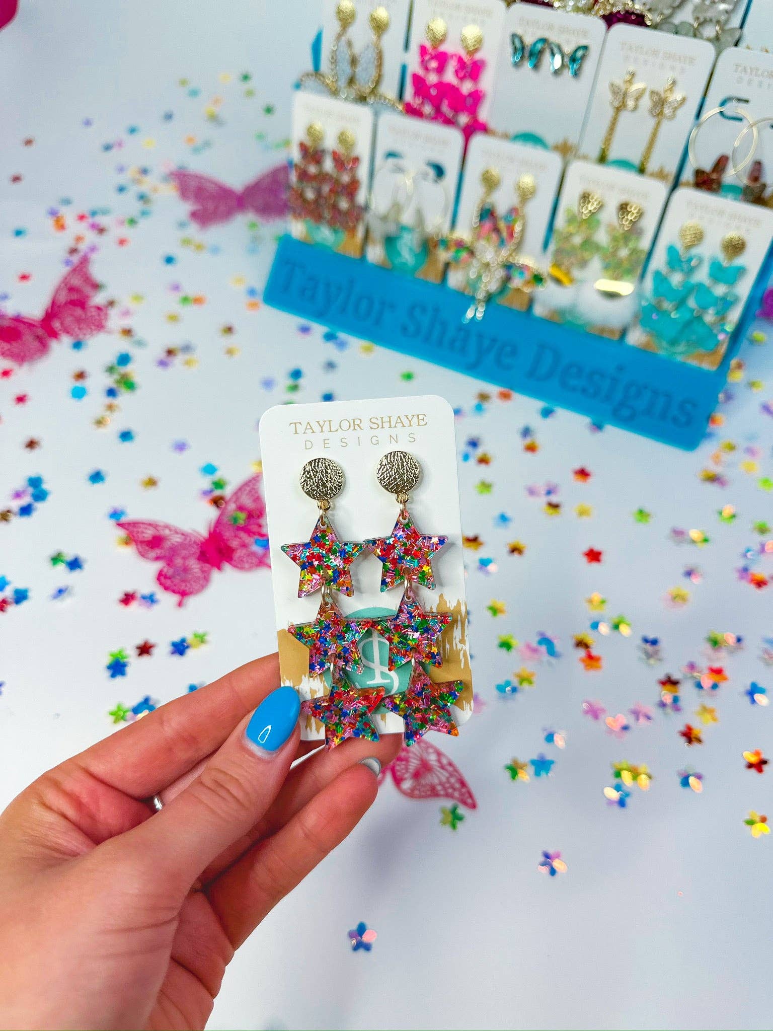 Taylor Shaye Designs - Wholesale Dangle earrings - Rainbow Star Confetti Triple Stars0