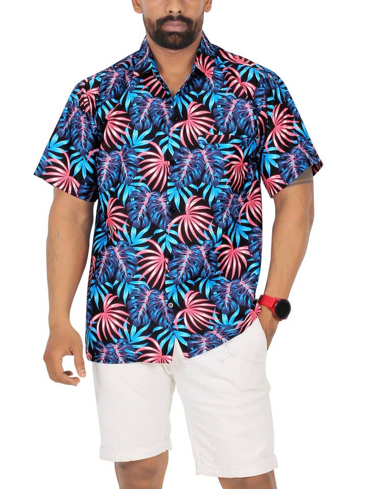Allover Tropical Leaves Multicolor Hawaiian Shirt For Men for wholesale by LA LEELA \ HAPPY BAY