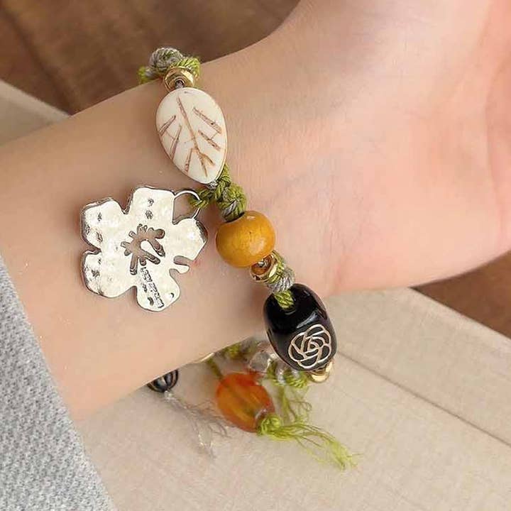 Green Ladies Woven Rope Bead & Flower Pendant Bracelet Length 30cm for wholesale on Faire0