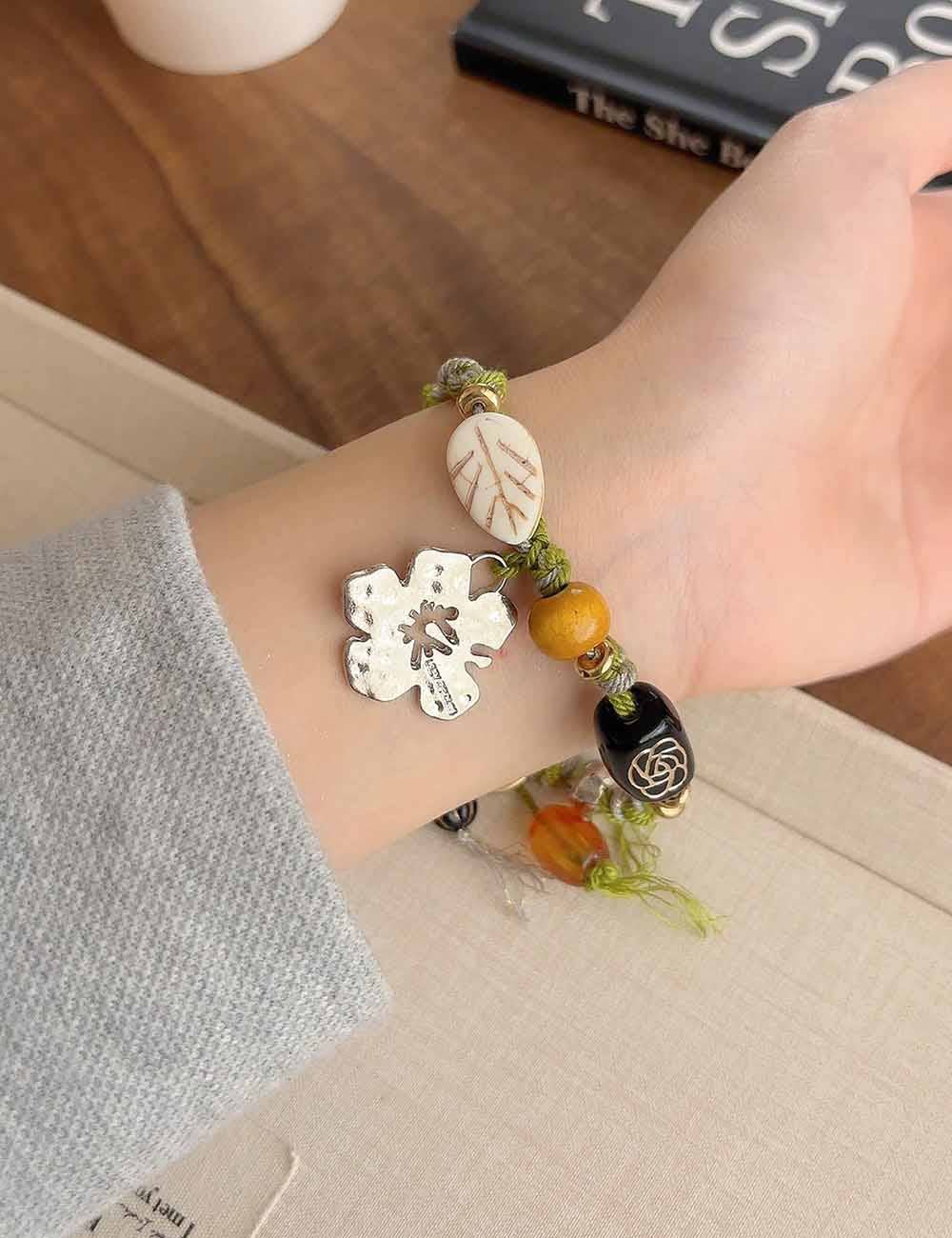 Green Ladies Woven Rope Bead & Flower Pendant Bracelet Length 30cm for wholesale on Faire