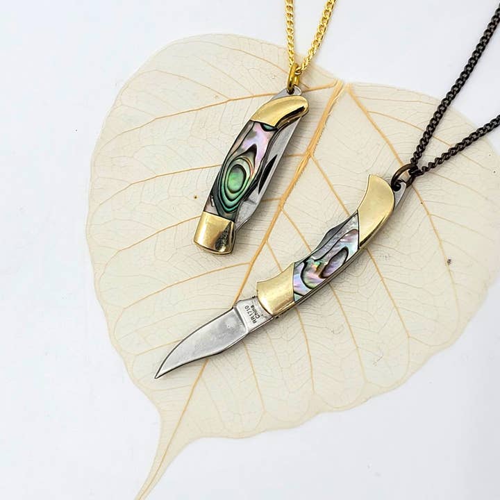 Mini Knife Necklace 1 1/2" Abalone Handle 28" Brass Chain for wholesale by Terra Tokens