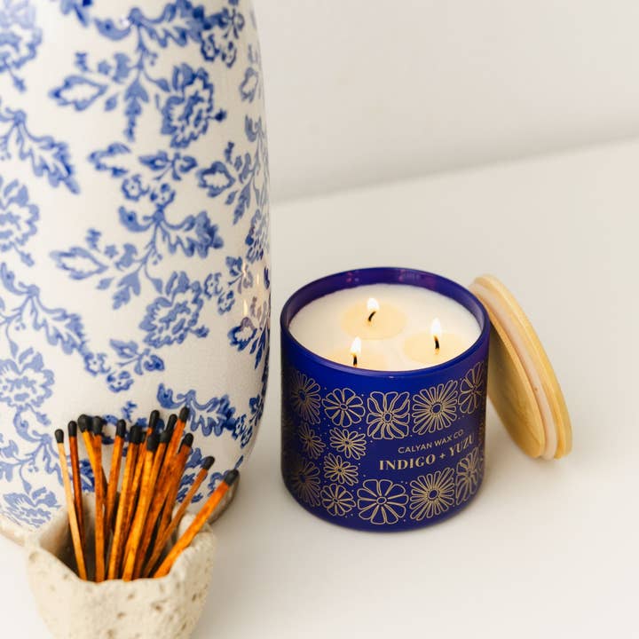 Calyan Wax Co. - Wholesale Jar/Filled Candle - Indigo + Yuzu - 3 Wick Clear Glass Tumbler Soy Candle1
