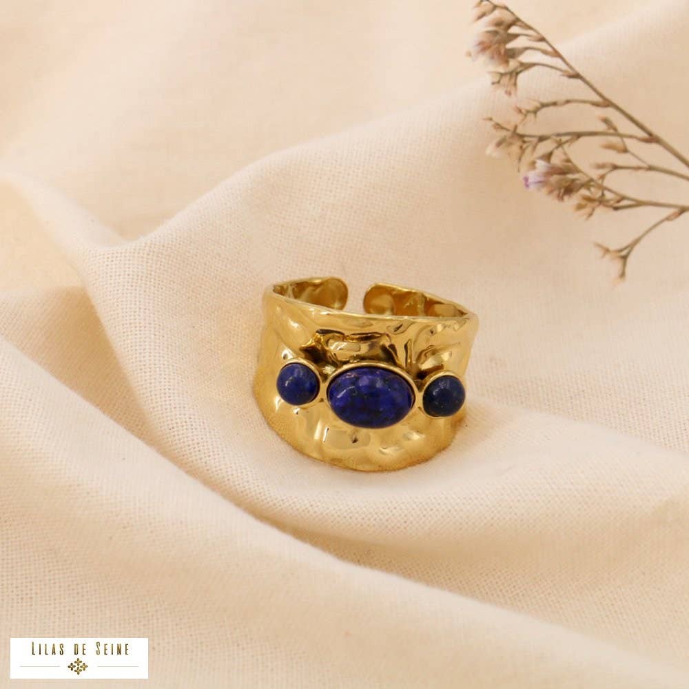 Lilas de Seine - Wholesale Multi-Stone Ring - Adjustable hammered steel ring with mother-of-pearl stone cabochons 04250363