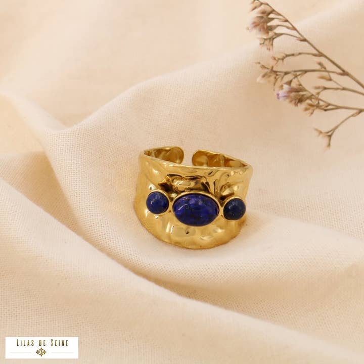 Lilas de Seine - Wholesale Multi-Stone Ring - Adjustable hammered steel ring with mother-of-pearl stone cabochons 04250363