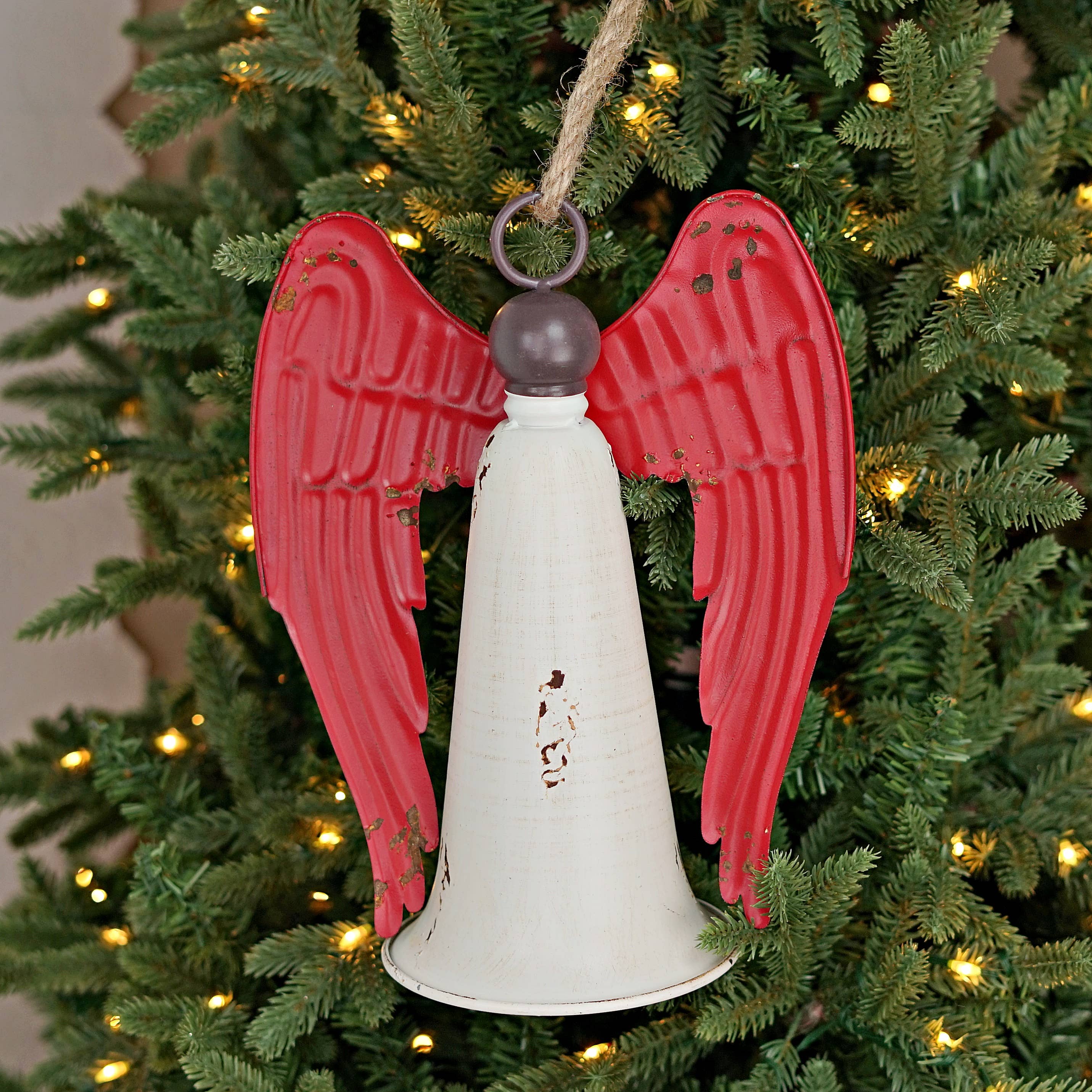 Impressive Enterprises, Inc. - Wholesale Christmas Decoration - M10825-Distressed Metal Angel Bell-WhiteBellw/RedWing-11"x9"6