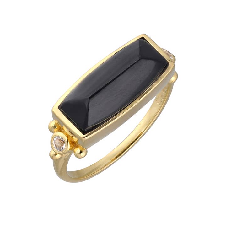 Tiramisu - Wholesale Cocktail/Statement Ring - Gold Plated 925 Silver Black Onyx White Topaz Statement Ring