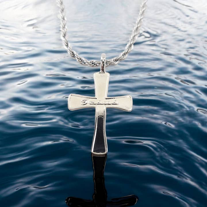Jesus Cross Rhodium Silver Necklace With Steel Chain for wholesale by Forgiven Jewelry