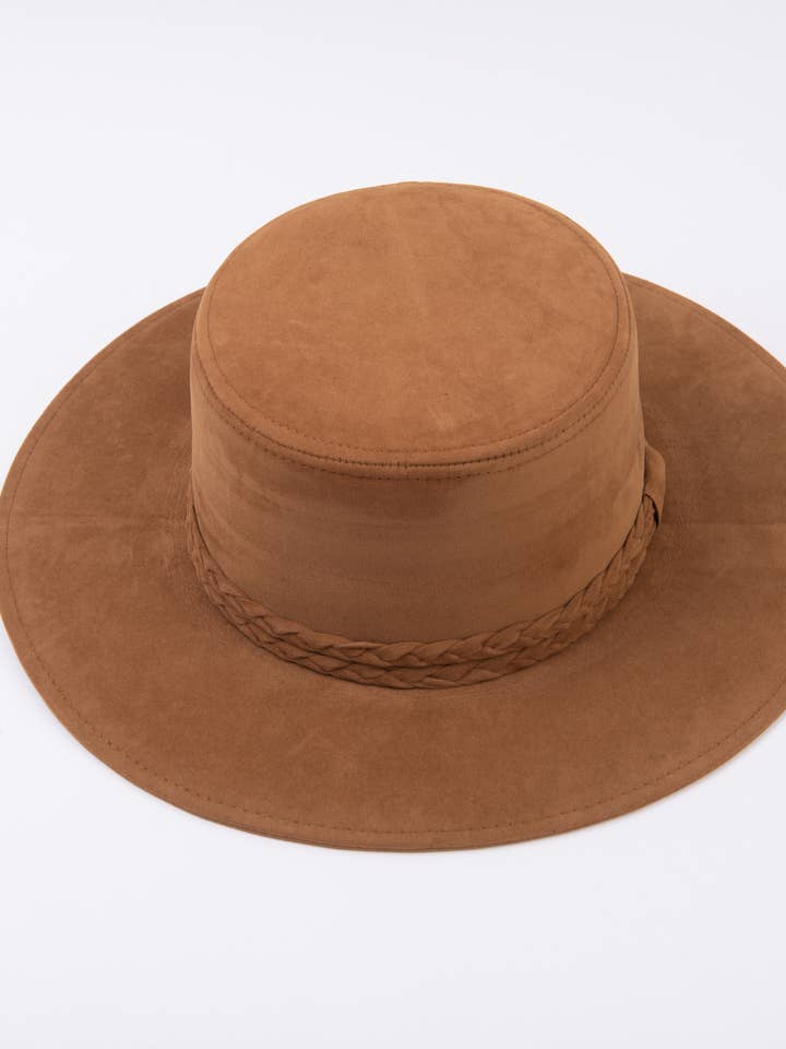 Feaux Suede Gaucho Hat with Double braid trim- CARAMEL for wholesale by Lucca Couture