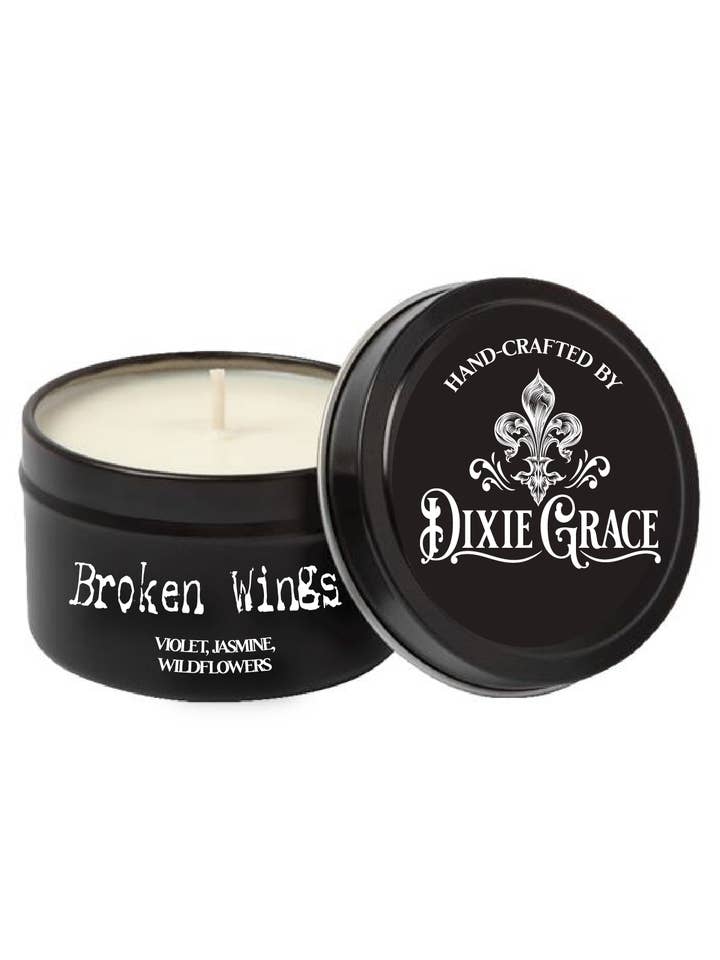 Broken Wings - 8 oz Candle Tin - Cotton Wick for wholesale by Dixie Grace