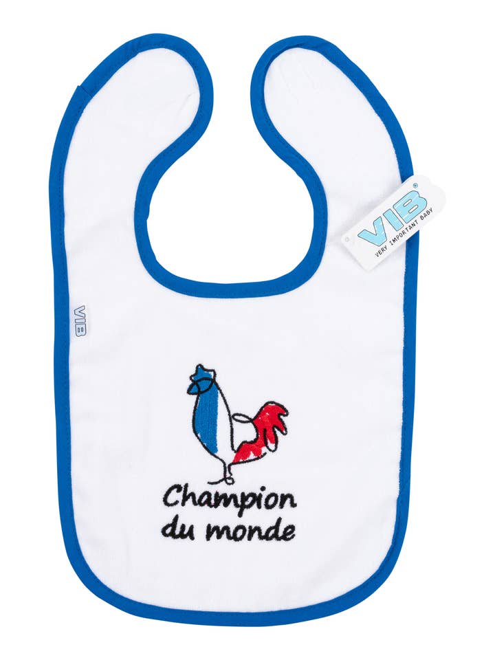 Bavoir Champion du monde Blanc-Bleu cobalt pour la vente par Very Important Baby®