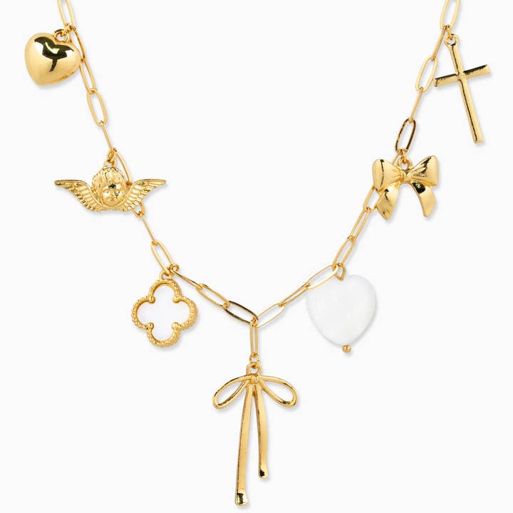 Sessori - Wholesale Pendant/Charm Necklace - Chunky Bow Multi Gold Charm Necklace