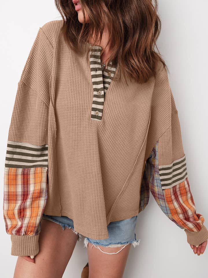 Waffle Stripe Plaid Patchwork Henley Knit Top for wholesale by FULL TIME PURCHASE