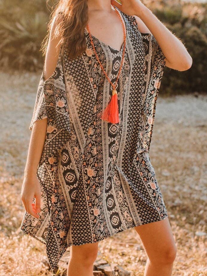 Short Summer Dress With Wide Sleeves And Open Shoulders, Boho Dress, Beach Dress, Resort Wear, Lose Comfortable Blue Martinique Dress for wholesale by Miss Kitsch