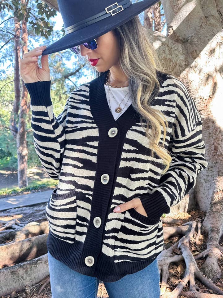 Black Zebra Animal Printed Knit Cardigan with Pockets for wholesale on Faire1