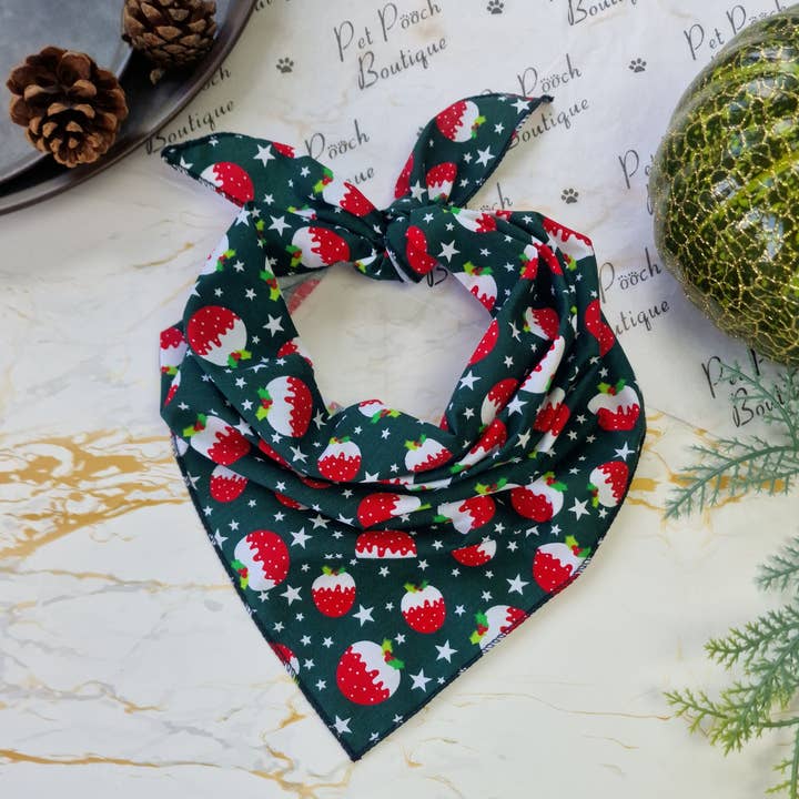 Green Festive Puddings Christmas Dog Bandana (festive 2025)  for wholesale by Pet Pooch Boutique