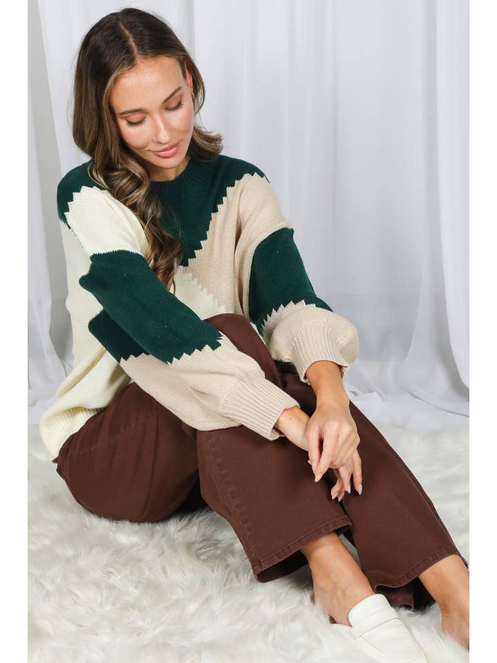 Vine & Love - Wholesale Knit Sweater - Women's - Color Block Round Neck Chunky Knitted Sweater Top VT8101711