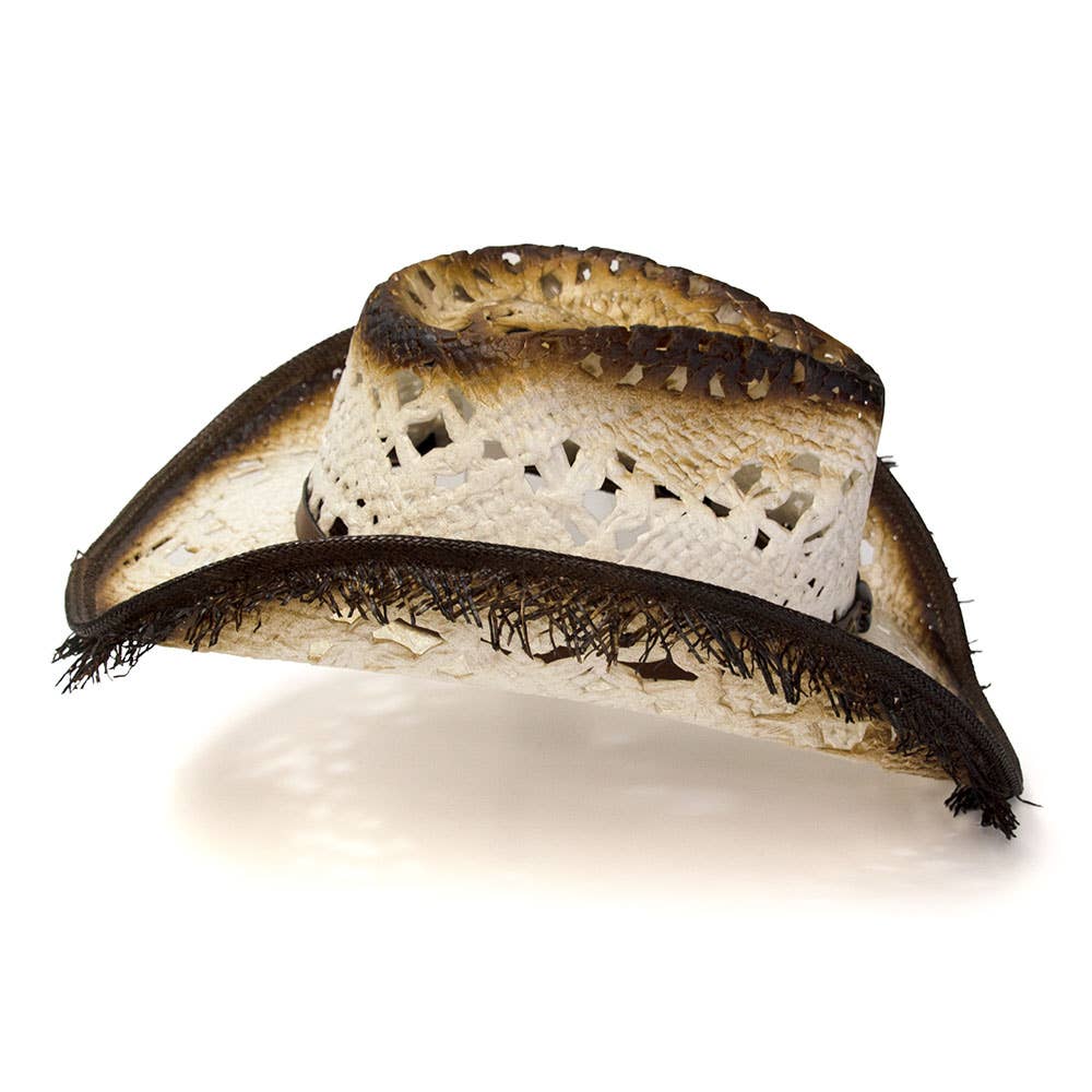 Western Express - Vendita all'ingrosso Cappello da cowboy - Donna - Cappello bianco stile western in paglia con parte frontale pizzicata e bordo sfrangiato color beige.5