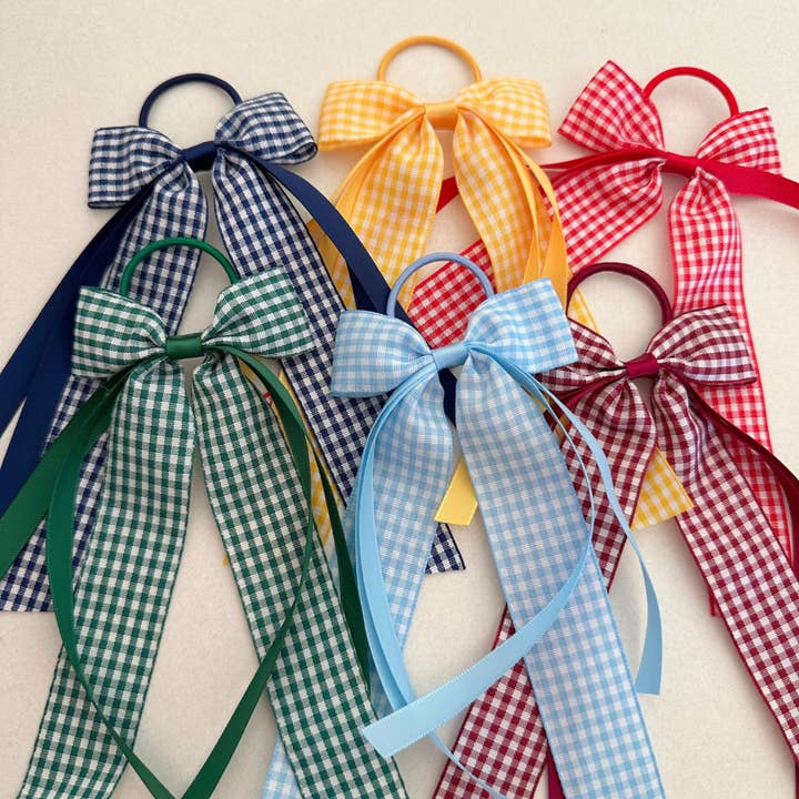 Poppet Locks - Wholesale Hair tie - Green Gingham Bow hair tie 3” x 6”1