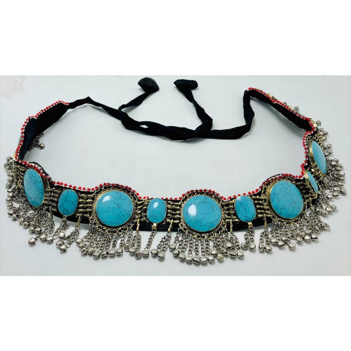 vintarust - Wholesale Riem - Dames - Afghan Kuchi Turquoise Stenen Buikriem met zilveren bellen