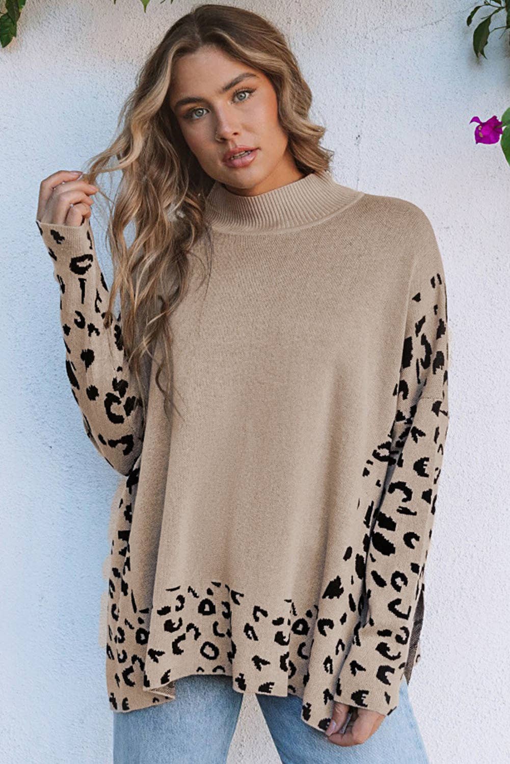 Suhkasana - Wholesale Knit Sweater - Women's - Khaki Leopard High Neck Side Slit Oversized Sweater2