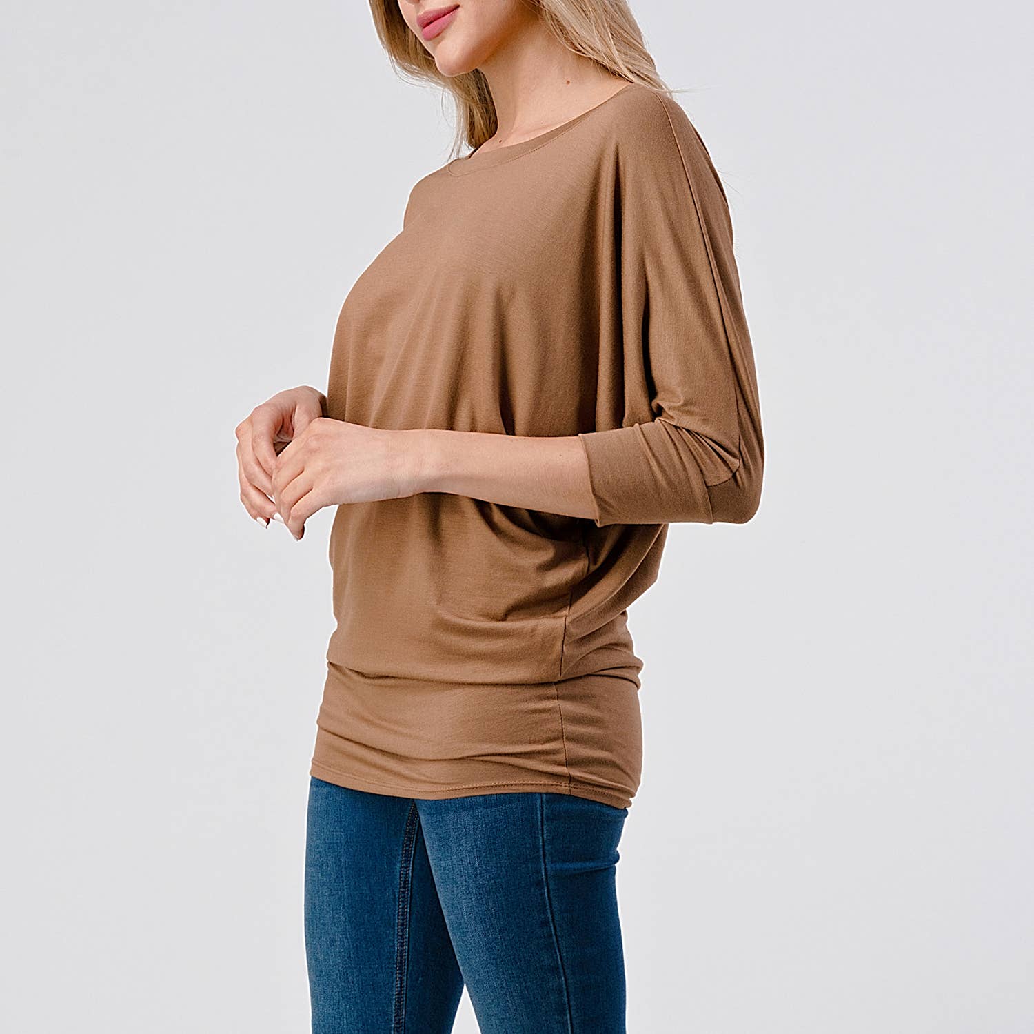 Heimious - Wholesale Knit Top - Women's - 3/4 Dolman Sleeve Round neck Modal Jersey  Top, 250316