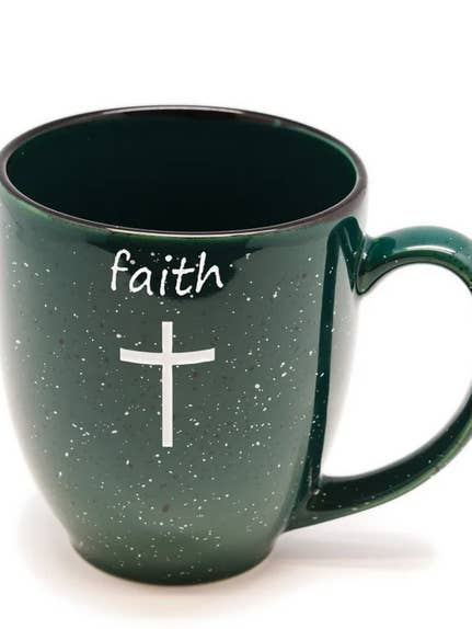 Faith Cross Religiøst ætset Santa Fe keramisk bistrokrus for engroshandel hos MK Designs