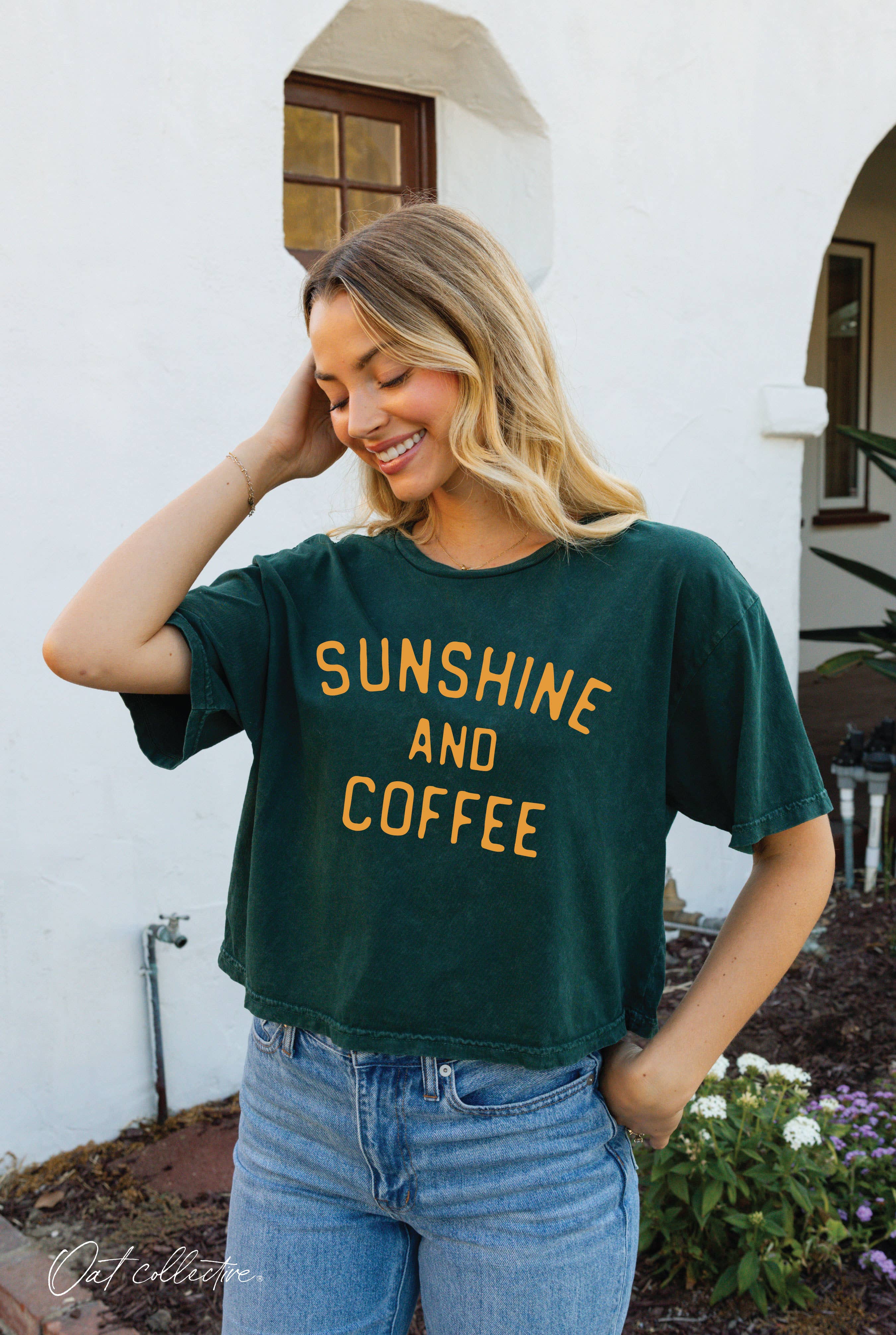 OAT COLLECTIVE - Wholesale Screen Printed T-Shirt - Women's - SUNSHINE AND COFFEE Cropped Mineral Washed Graphic Top
4
