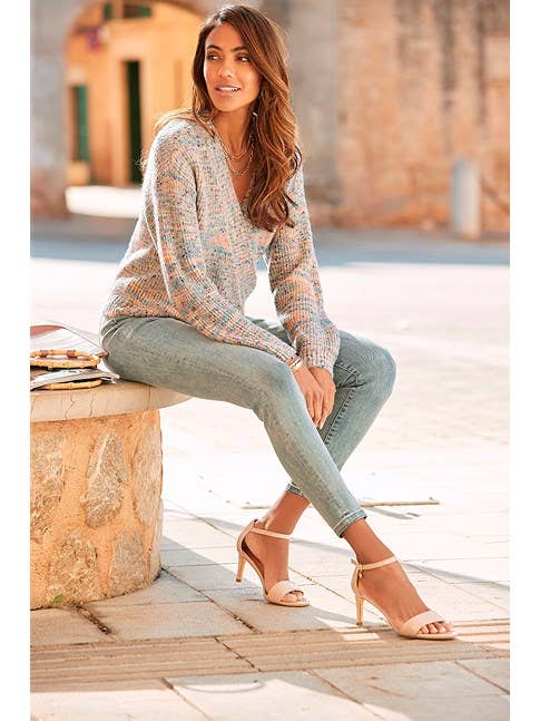 Cream Multi LASCANA Women's V-Neck Surplice Sweater for wholesale on Faire1