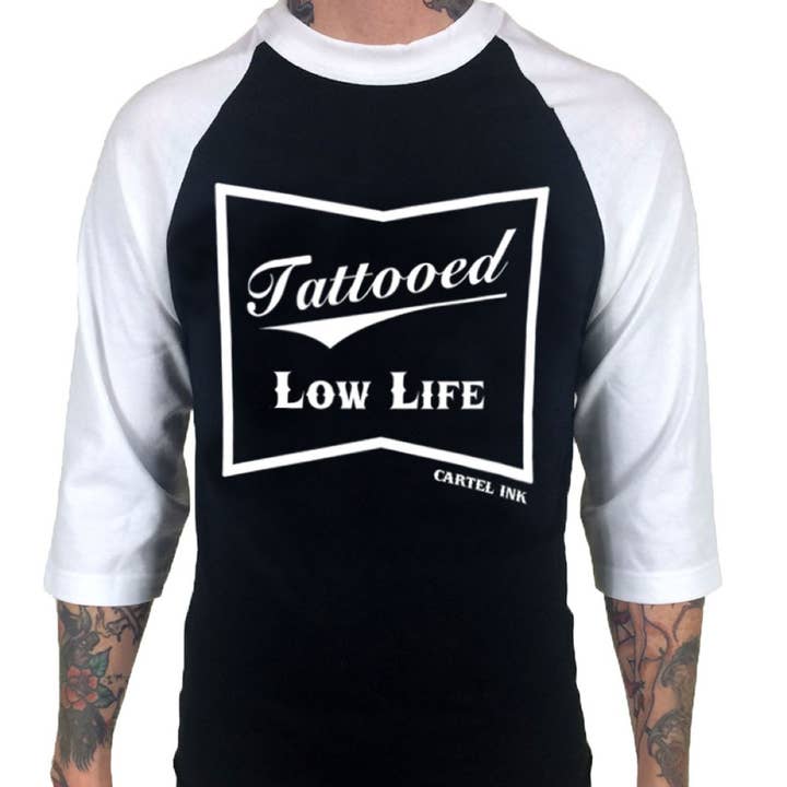 Black White White Tattooed Low Life 3/4 Sleeve Graphic T-Shirt for wholesale on Faire1