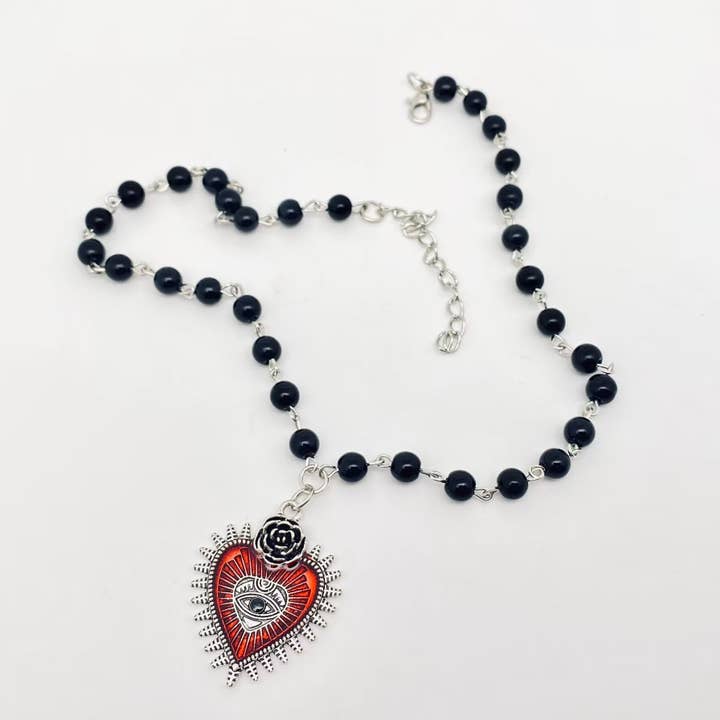 Mio Queena - Wholesale Pendant/Charm Necklace - Gothic Red Devil's Eye Pendant Beaded Chain Necklace - GT