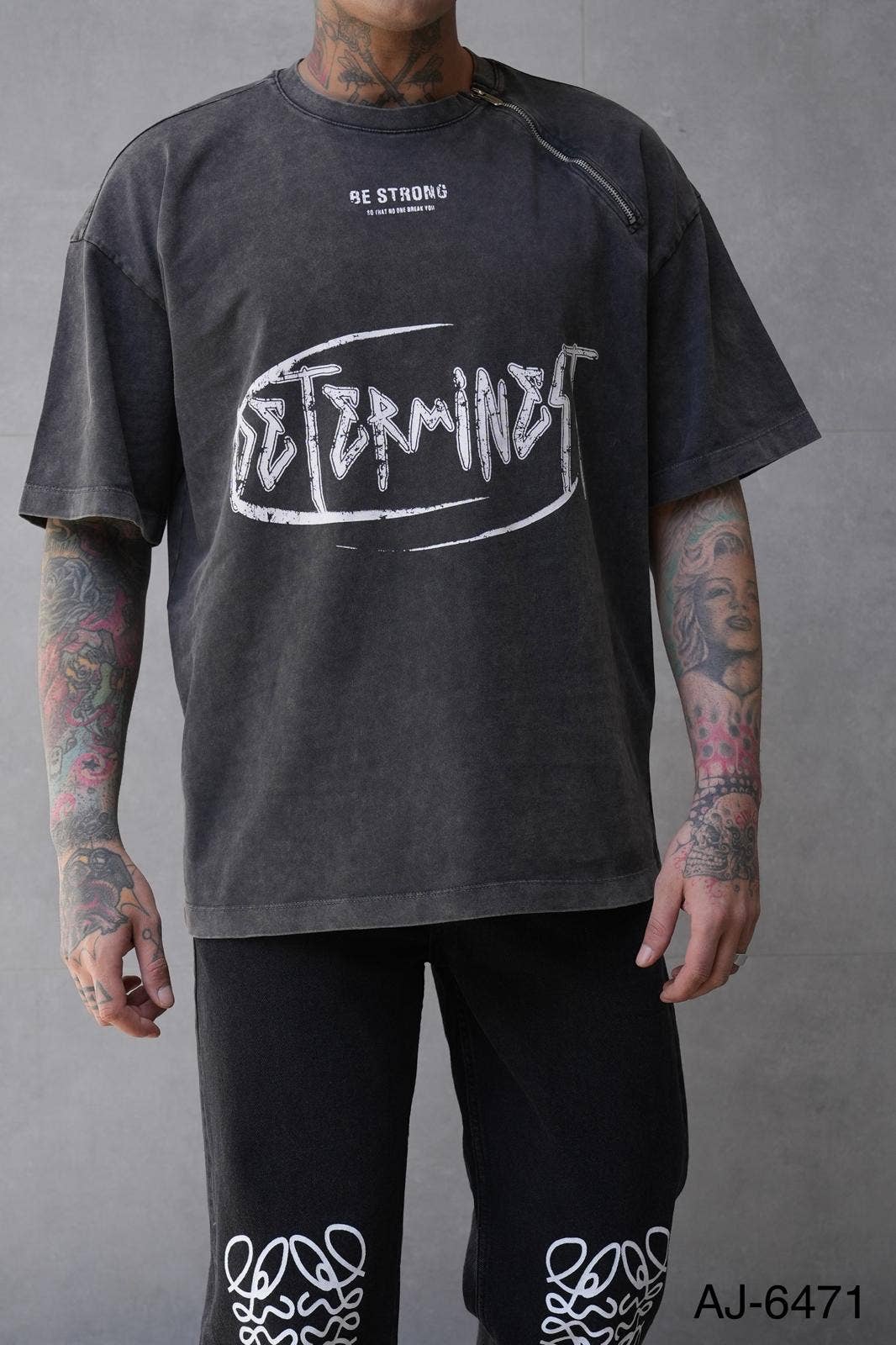 Monocloth - Wholesale Screen printed t-shirt – Men′s - Black Vintage Print Oversized Zipper T-Shirt 6471Black