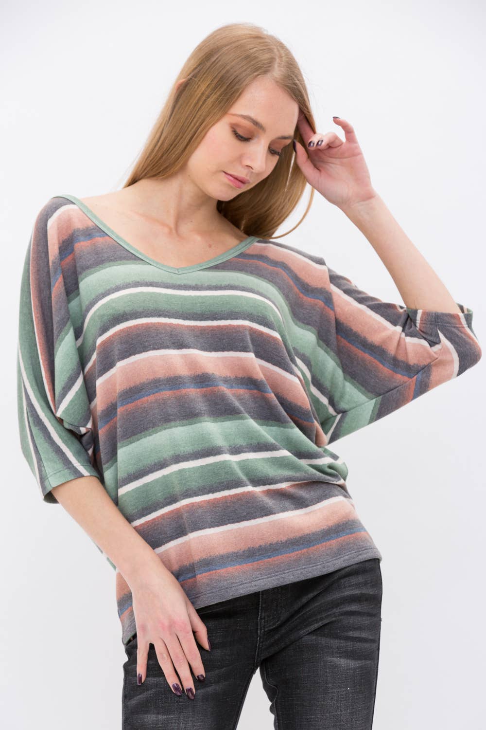 VOCAL - Wholesale Knit Top - Women's - STRIPE KIMONO SLEEVE TOP WITH STRINGS IN THE BACK 19328S2