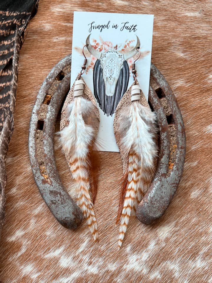Round Up Feather Earrings | Rose Gold w/ Brown Feathers for wholesale by Fringed In Faith
