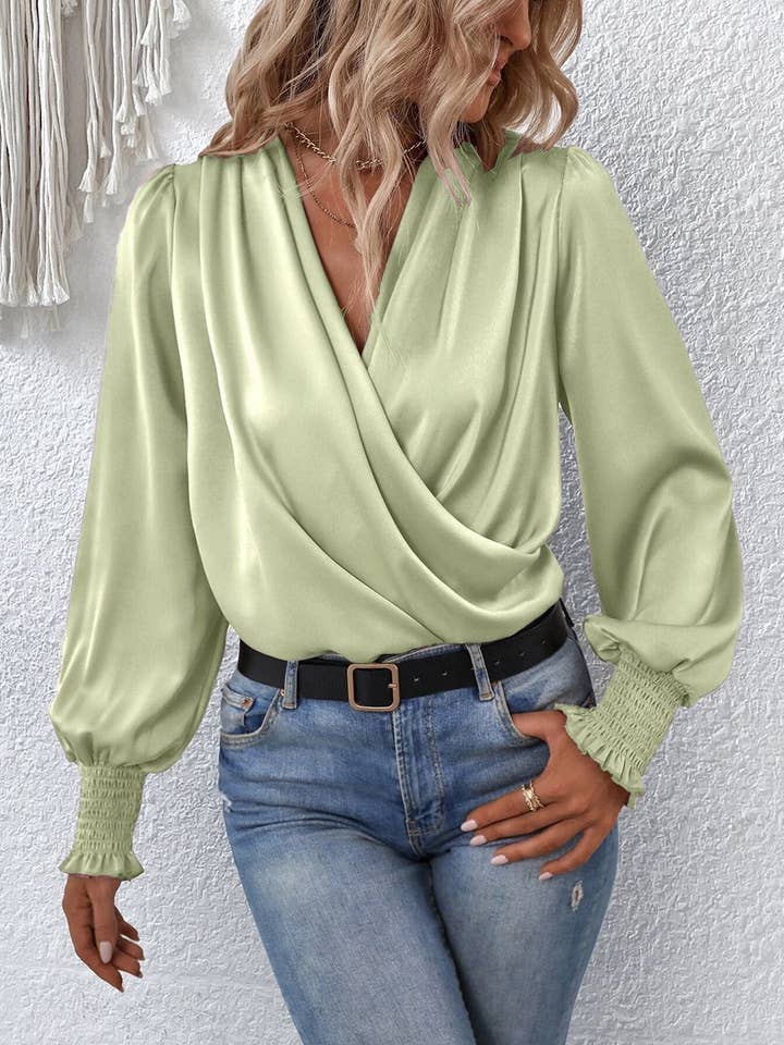 Crossover long sleeve silk blouse for wholesale by Miss Sparkling
