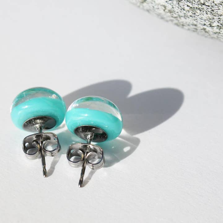 Flame Work Designs - Glass Jewelry - Wholesale Stud/Post Earrings - Dichroic Glass Studs - Light Blue - 9mm3