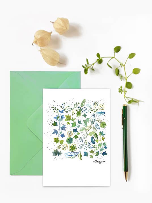 GREEN BLUE BOTANICAL POSTCARD WITH LEAVES AND FLOWERS for wholesale by Thévy Guex