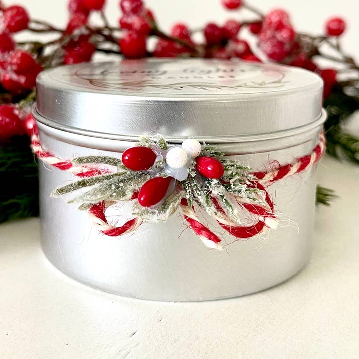 christmas candle tin/ 8oz / Christmas tree scent for wholesale by Loving Lights Candles LLC