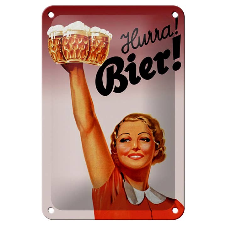 Plaque en métal Alcool 12x18 cm Hourra Bière Femme avec chopes de bière pour la vente par Femer