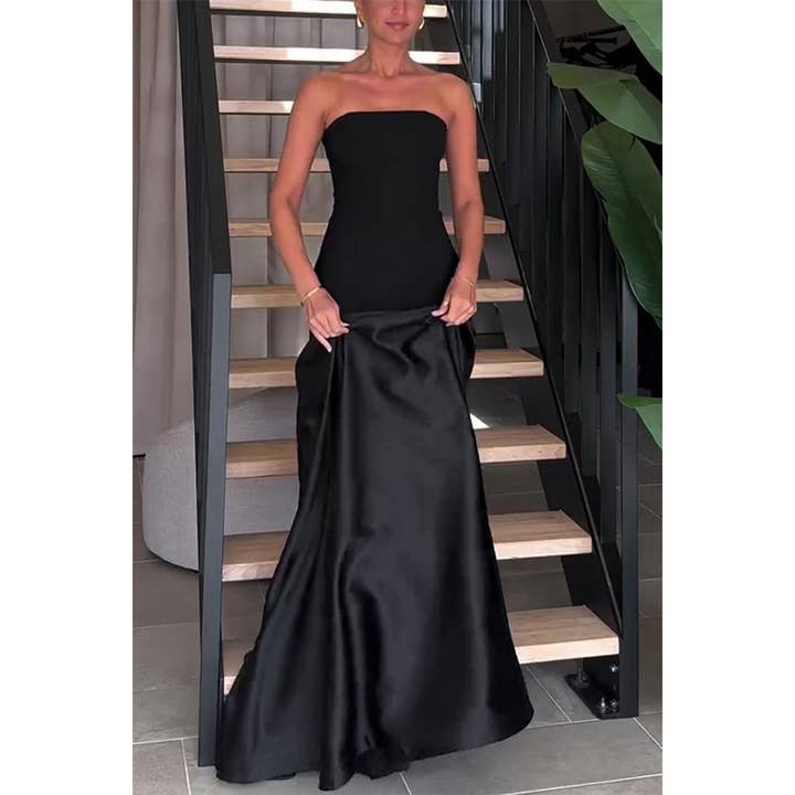 UNISHE - Wholesale Dress - Women's - Strapless Satin Sleeveless Colorblock Bodycon Dress JRM128