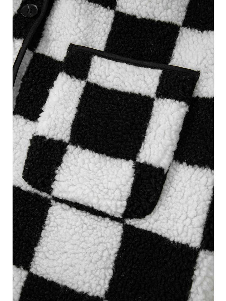 Black Checkered Collared Buttoned Fleece Jacket for wholesale on Faire4