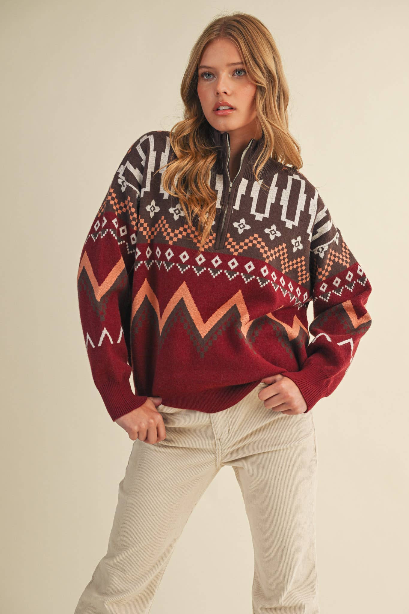 Burgundy Multi GEOMETRIC KNIT MOCK NECK HALF ZIP PULLOVER SWEATER MSW10885 for wholesale on Faire1