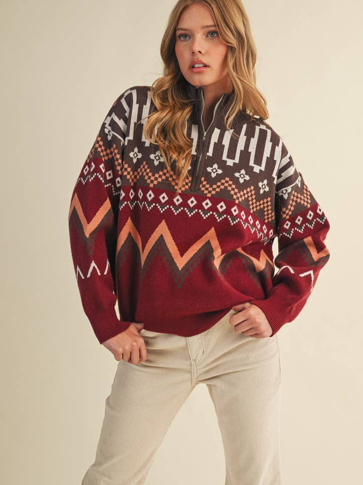 Burgundy Multi GEOMETRIC KNIT MOCK NECK HALF ZIP PULLOVER SWEATER MSW10885 for wholesale on Faire1