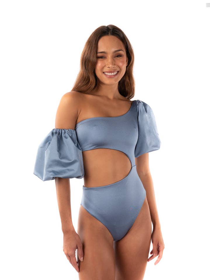Federica Asymmetrical Puff Sleeve One Piece for wholesale by SANLIER