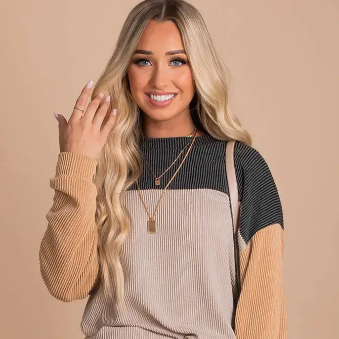 Lovesoft - Wholesale Knit Top - Women's - Khaki Block Long Sleeve Ribbed Loose Casual Top3