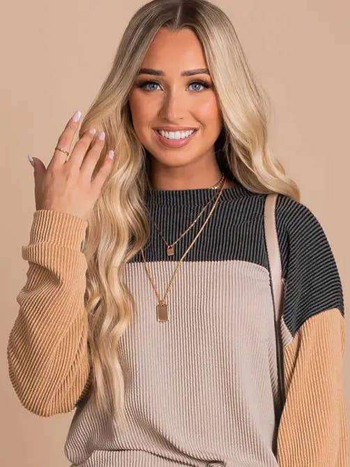 Lovesoft - Wholesale Knit Top - Women's - Khaki Block Long Sleeve Ribbed Loose Casual Top3