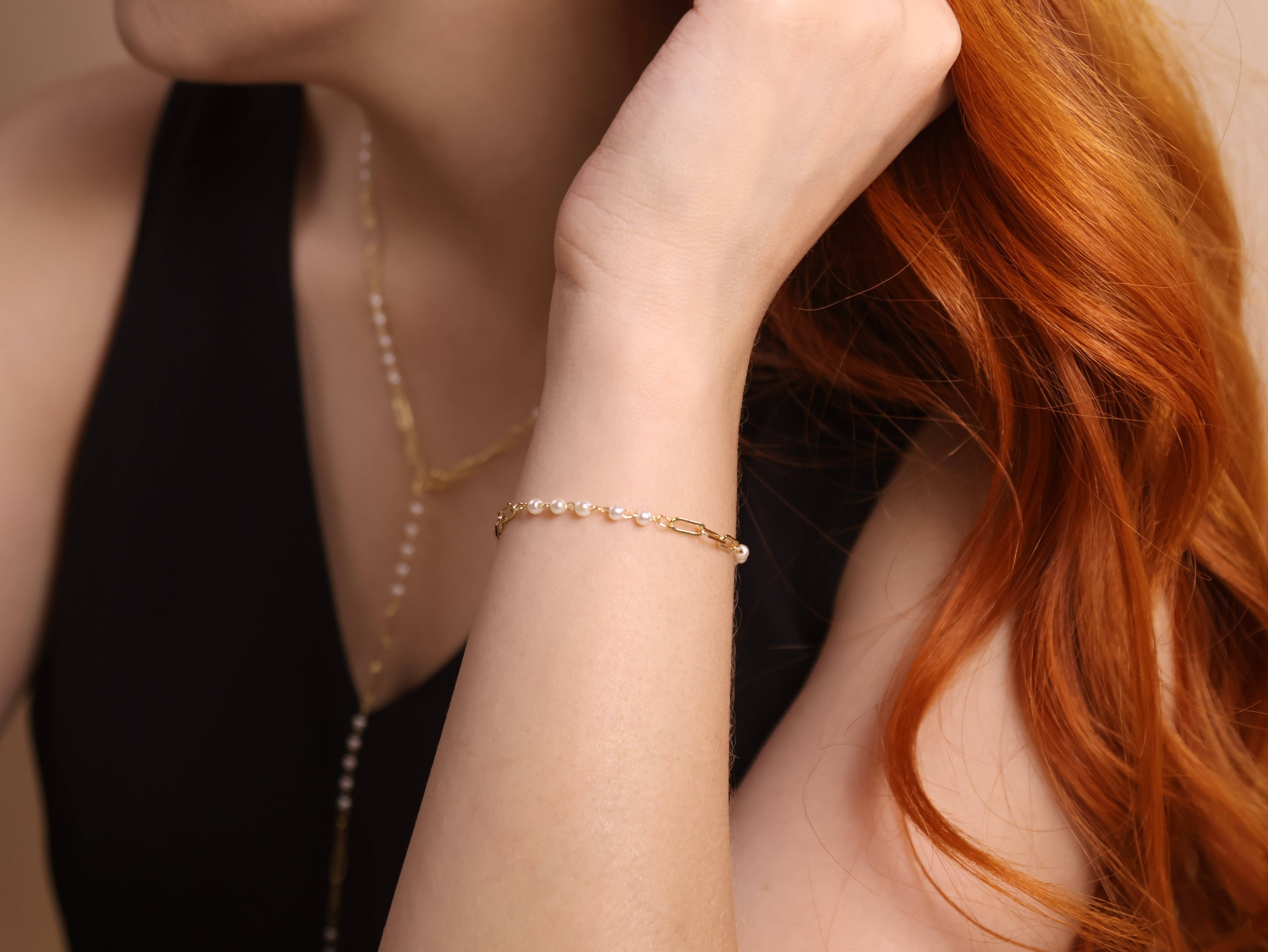 GoldFi - Wholesale Link & Chain Bracelet - 18k Gold Filled Diamond Cut Paperclip & Pearls Bracelet1
