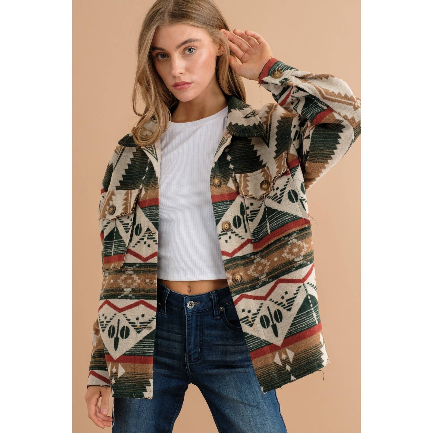 Sweet Generis – wholesale Shirt Jacket/Shacket - Women’s – TRIBAL AZTEC PATTERN BUTTON DOWN SHIRT JACKET16