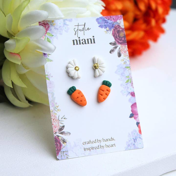 Easter Stud Earrings, Carrot and Daisy Earrings, Tiny Studs for wholesale by Studio Niani