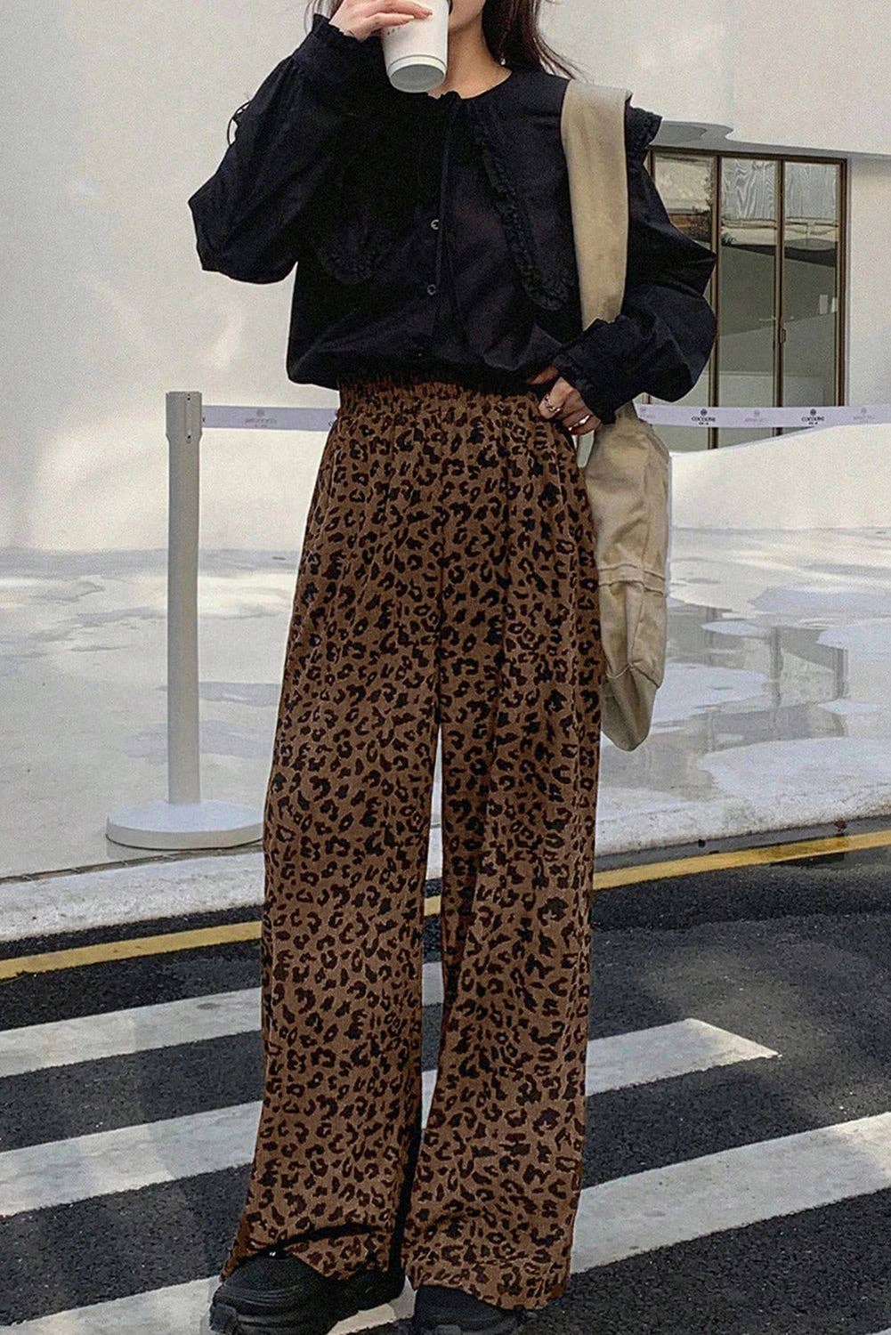 Dark Brown Leopard Print Elastic High Waist Loose Corduroy Pants for wholesale on Faire1